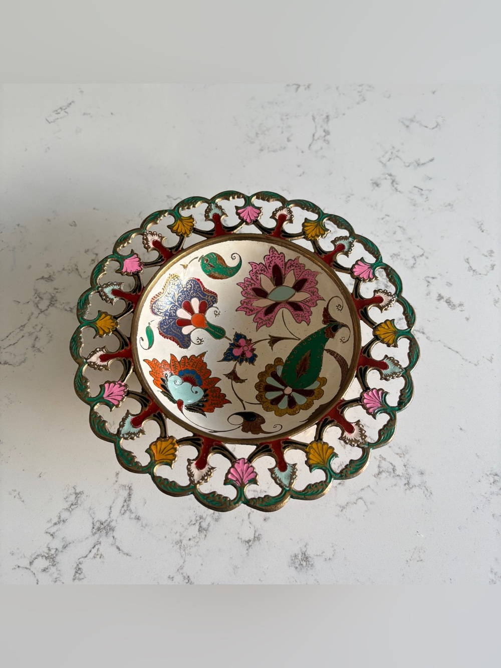 Vintage Ornate Brass and Enamel Floral Painted Scalloped Bowl, Trinket/Key Dish